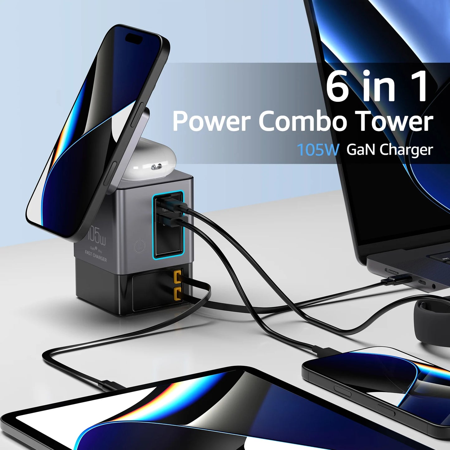 6-in-1 105W Charging Station with Retractable USB-C Cable Power Combo Tower for Multiple Devices Fast Charger for iPhone, Airpod
