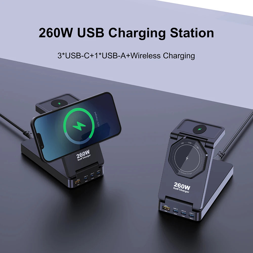 7-in-1 Charging Station 260W GaN Fast USB C Desktop Charger 15W Magnetic Wireless Charger for iPhone 16/15 Pro Max MacBook Pro