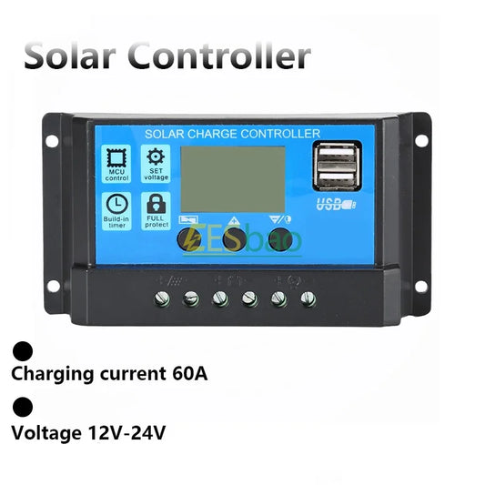 Solar Charge Controller 60A 12V/24V Voltage Regulator Solar Panel Photovoltaic Home with PWM Solar Charger LCD Display Dual USB