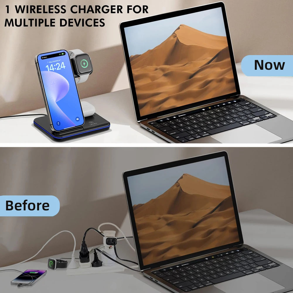 Wireless Charger Stand 3in1 Fast Charging With Led Lamp For iWatch 10 9 8 7 6 5 iPhone 16 15 14 13 12 11 X Airpods 4 3 Pro