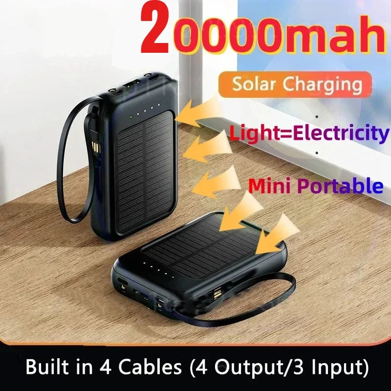 Solar Power Bank 20000mah Built-in Cable Solar Charger 2 USB Ports External Charger Power Bank with LED Light power bank New