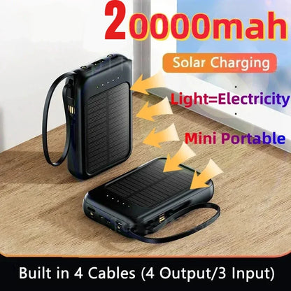 Solar Power Bank 20000mah Built-in Cable Solar Charger 2 USB Ports External Charger Power Bank with LED Light power bank New
