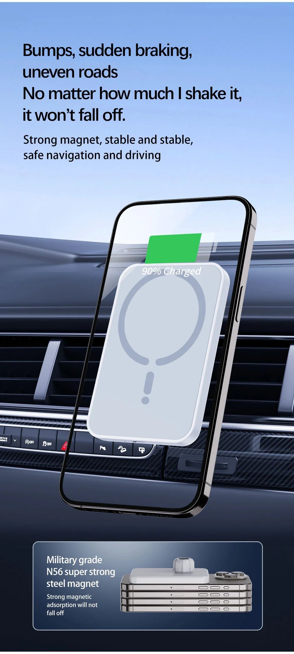 15W Magnetic Car Wireless Charger & Phone Holder - Smallenterprised 