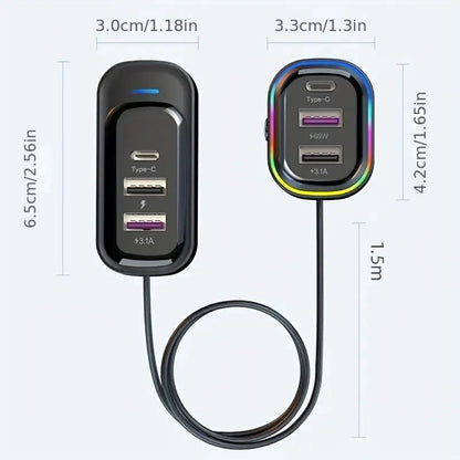 81W Fast Car Charger 6-Port Expansion Simultaneous Front and Rear Charging Type-C 2-USB 1.5m Extension Cable Anti-Slip Clamp