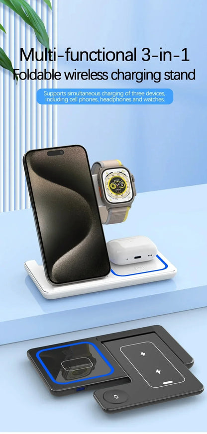 Wireless Charger Stand 3 in 1 30W LED Foldable Wireless Charger For iPhone 16 15 Pro Max iWatch 8 7 Airpods Charge Dock Station
