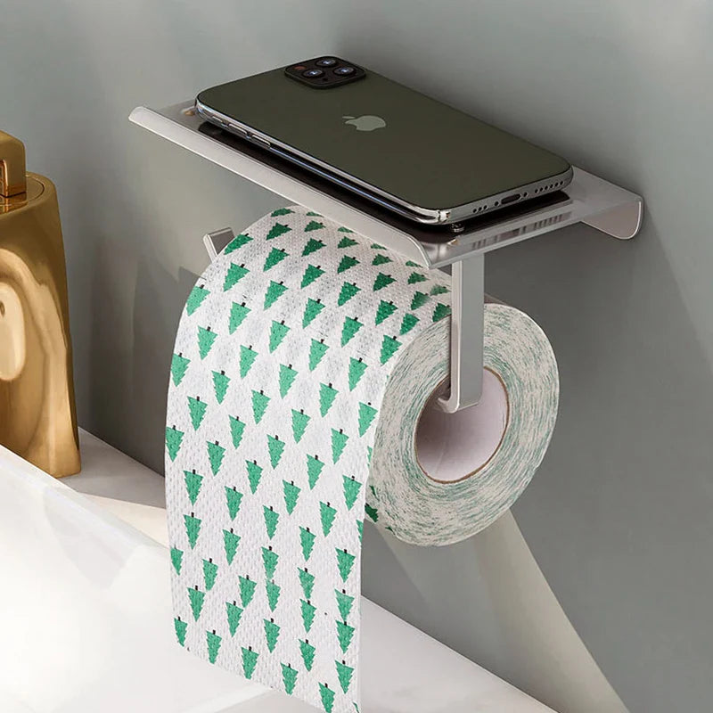 Aluminum Alloy Wall-Mounted Toilet Paper Holder with Shelf - Smallenterprised 