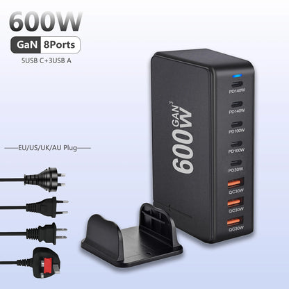 600W Desktop Charging Station USB C 8 Ports Fast Charger for Multiple Devices with 5 USB-C + 3 USB-A Chargers PD PPS 140 W