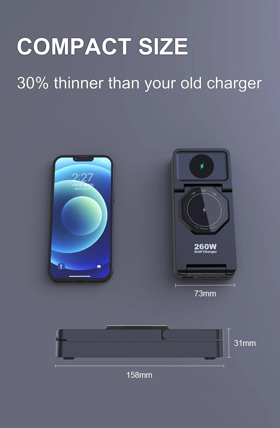 7-in-1 Charging Station 260W GaN Fast USB C Desktop Charger 15W Magnetic Wireless Charger for iPhone 16/15 Pro Max MacBook Pro