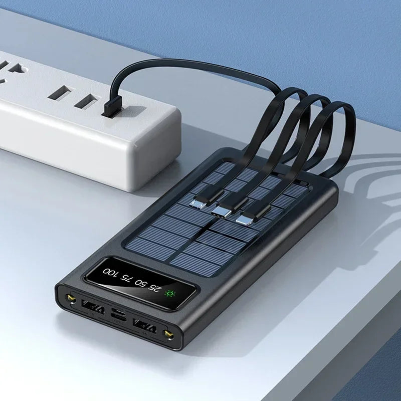 Solar Power Bank 200000mAh Large Capacity Super Fast Charging Digital Display 4 Cables External Battery For Xiaomi Huawei iphone