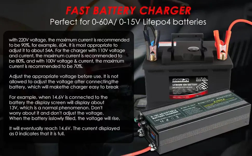 Solar System Charger 12V 60A Lifepo4/Lithium Battery Power Adapter 60A 12.8V Adjustable Current/Voltage Battery Accessories