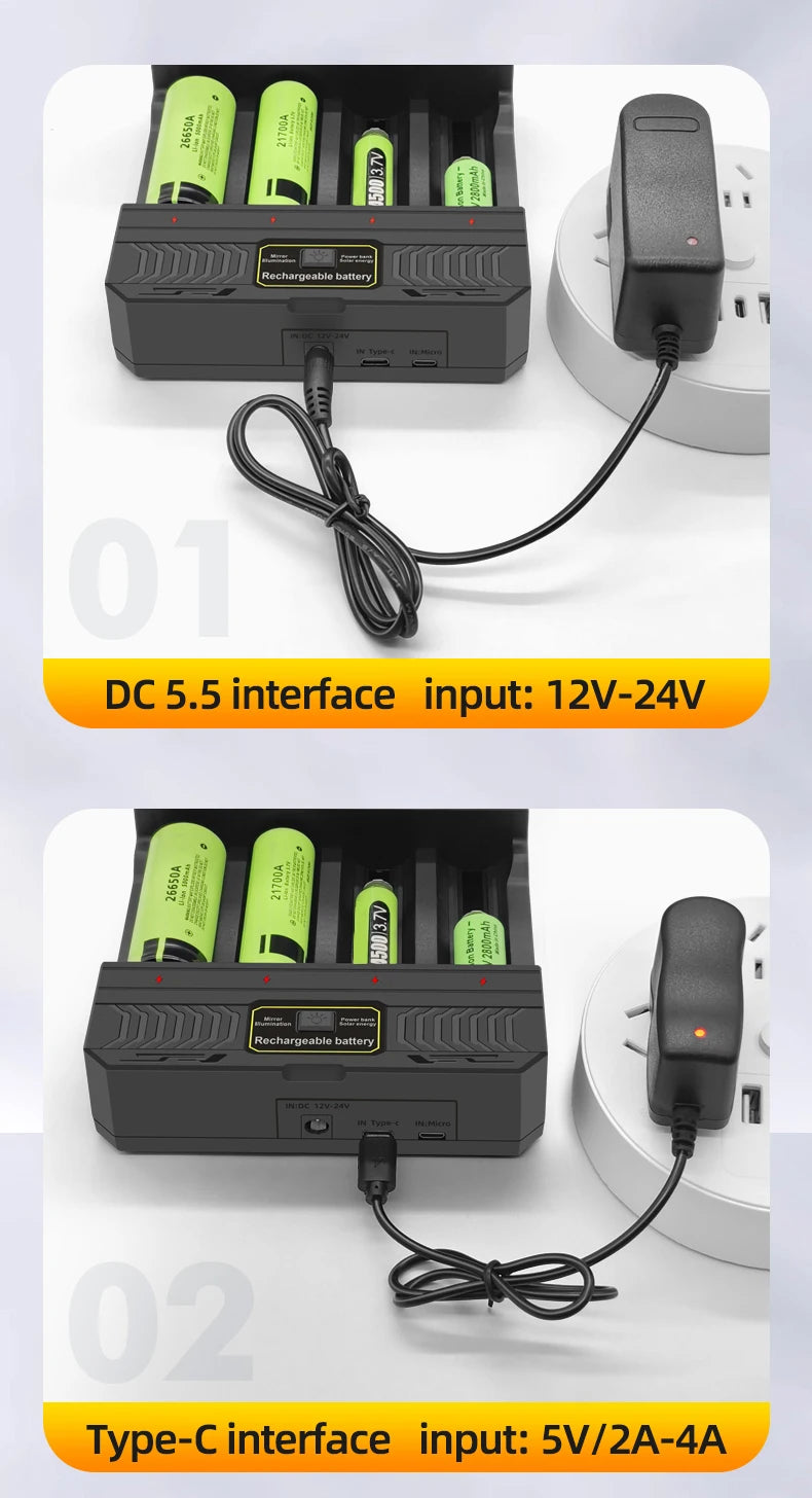 Solar Power Generation Solar Lithium Battery Smart Charger Type-C USB Four-Slot for 3.7V 18650/26650/21700/14500 Batteries