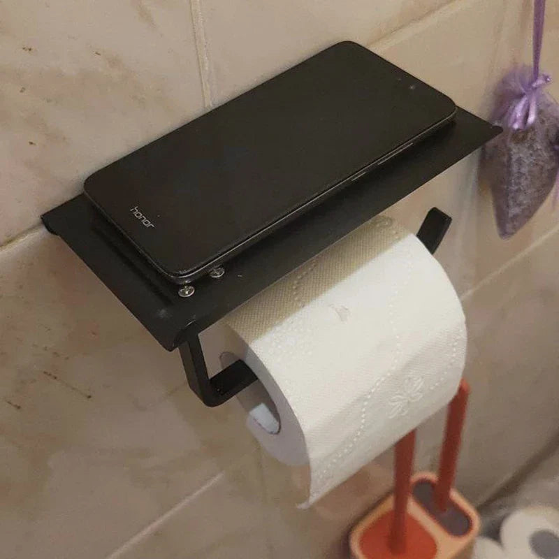 Aluminum Alloy Wall-Mounted Toilet Paper Holder with Shelf - Smallenterprised 