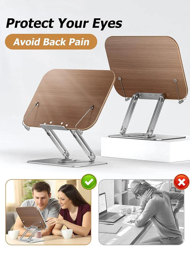 Desktop Book Stand for Reading with 360° Rotating Base Wooden Panel & Page Clips Foldable and Angle for Reading Book Holder