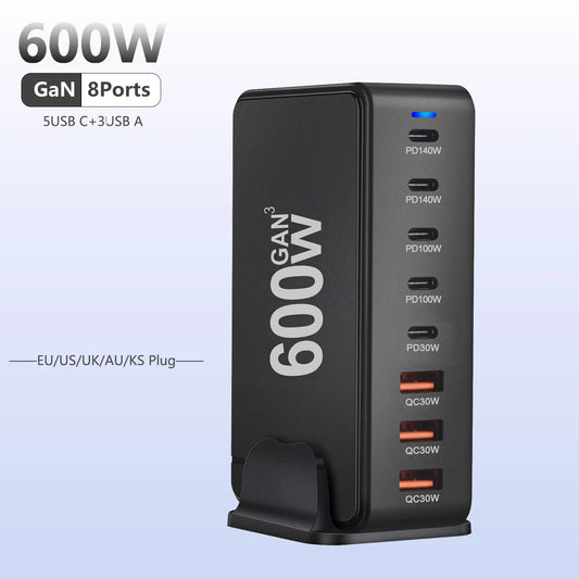 600W Desktop Charging Station USB C 8 Ports Fast Charger for Multiple Devices with 5 USB-C + 3 USB-A Chargers PD PPS 140 W