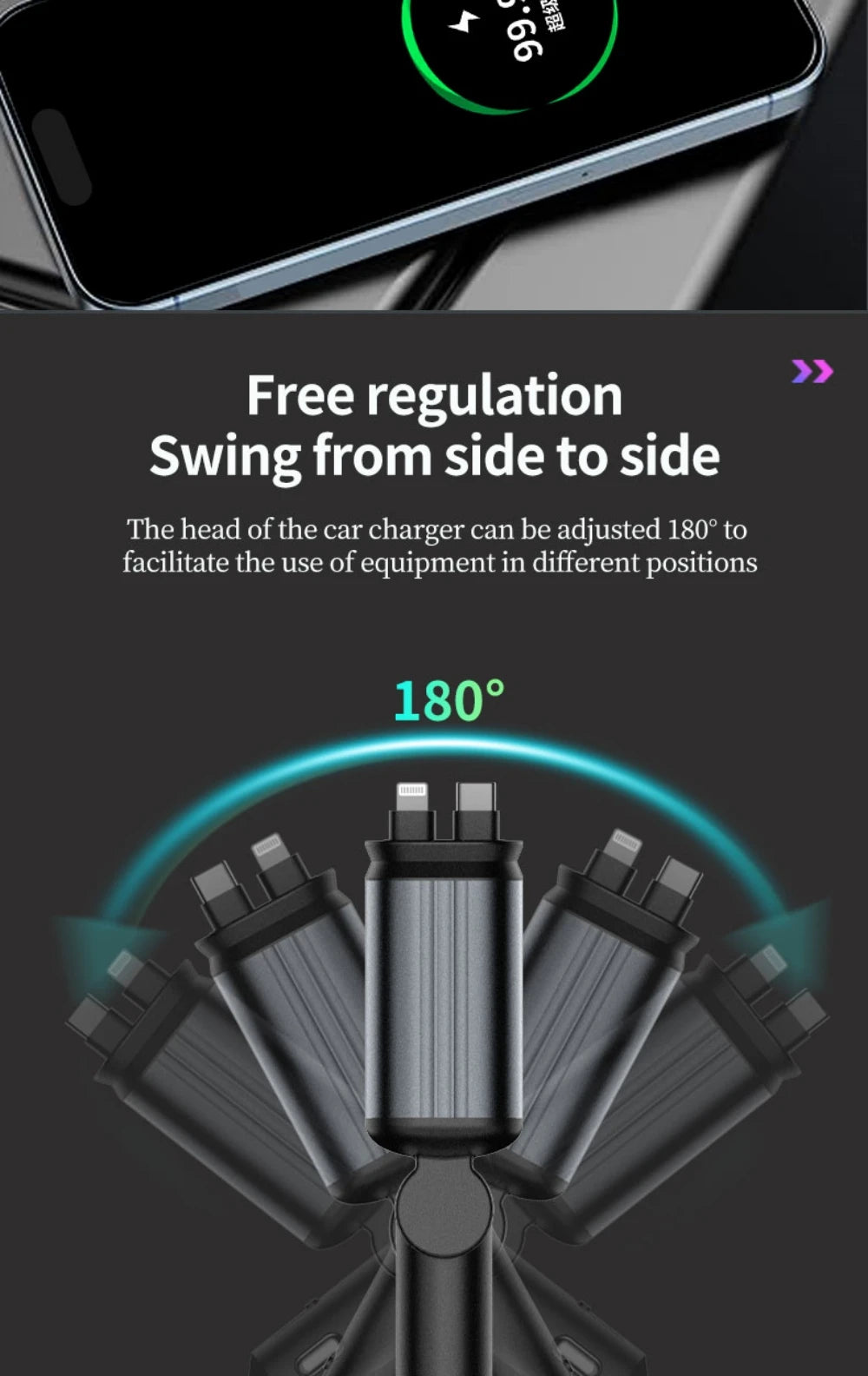 Super Fast Car Phone Charger, 100W Car Phone Charger with Retractable Cables USB and Type-C Port, 4 IN 1 Retractable Car Charger