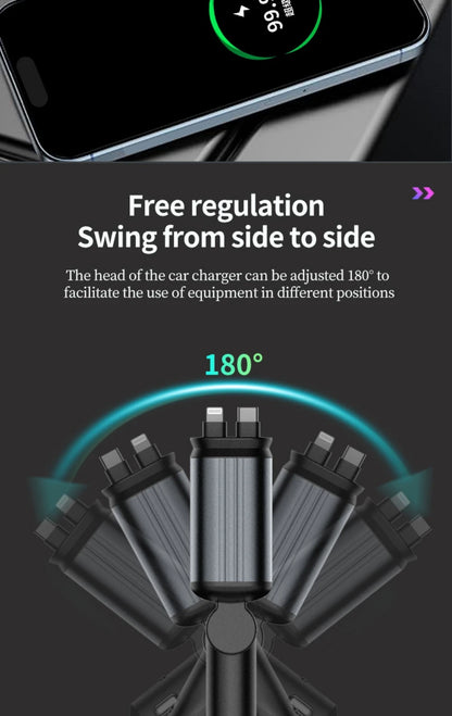 Super Fast Car Phone Charger, 100W Car Phone Charger with Retractable Cables USB and Type-C Port, 4 IN 1 Retractable Car Charger