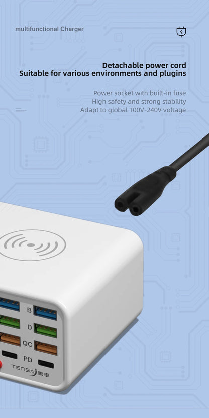 65W USB Type C Multi Function Charger Station Wireless Charing Fast 8 Ports PD QC3.0 Quick Charge Power Adapter for phone