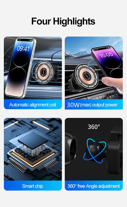 30W Magnetic Car Wireless Charger Air Vent Car Phone Holder Mount for iPhone 14 13 12 Pro Max Macsafe Car Fast Charging Station