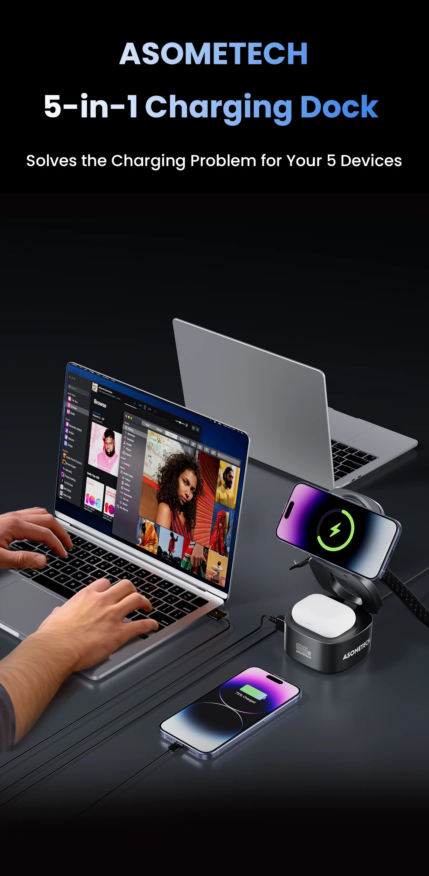 65W GaN USB Type C Wireless Charger Station 5 In 1 USB C PD3 0 QC3 0 For Mackook iPad iPhone 16 AirPods iWatch Wireless Charger