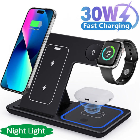 Wireless Charger Stand 3 in 1 30W LED Foldable Wireless Charger For iPhone 16 15 Pro Max iWatch 8 7 Airpods Charge Dock Station