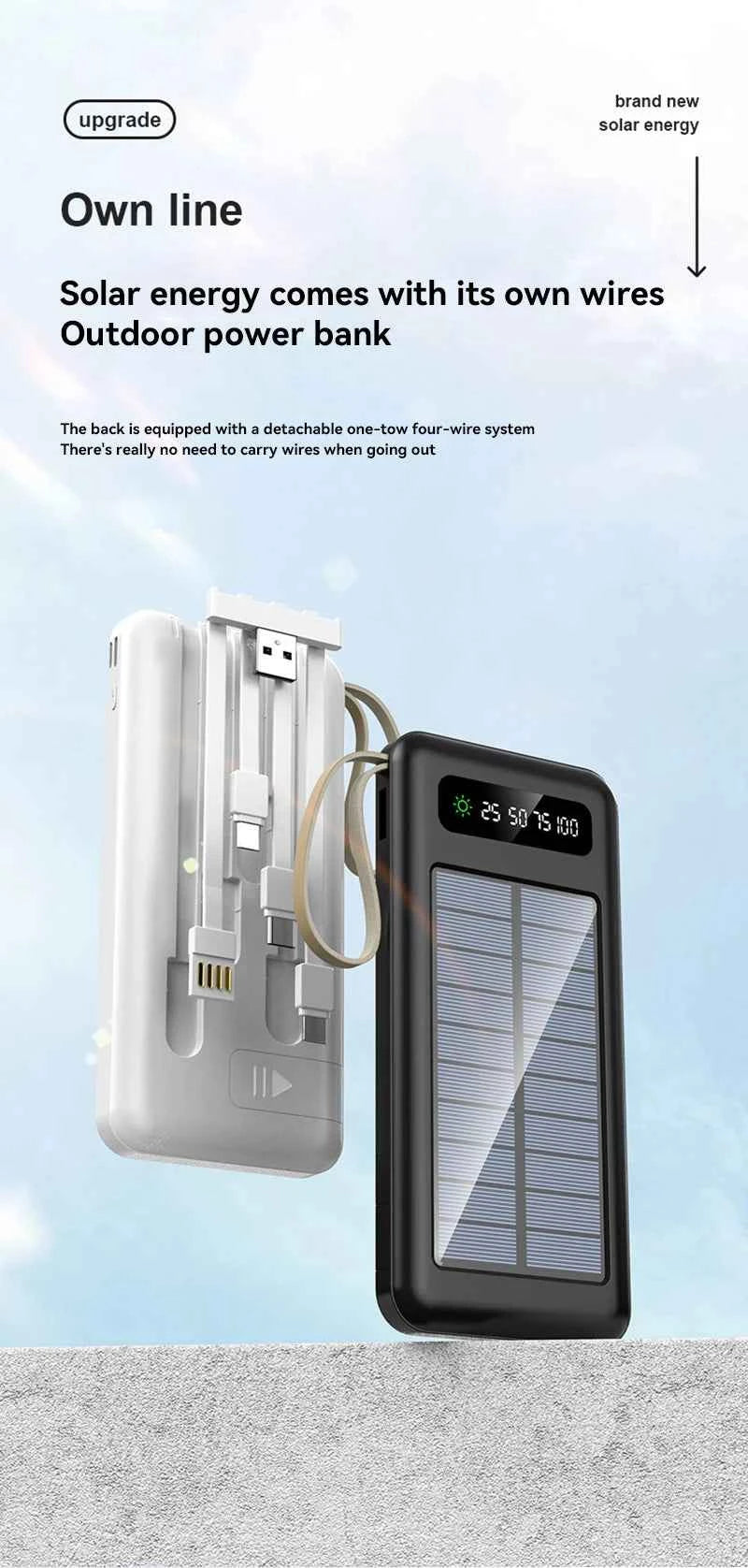 Solar Power Bank 50000mAh Fast Charging Dual USB LED