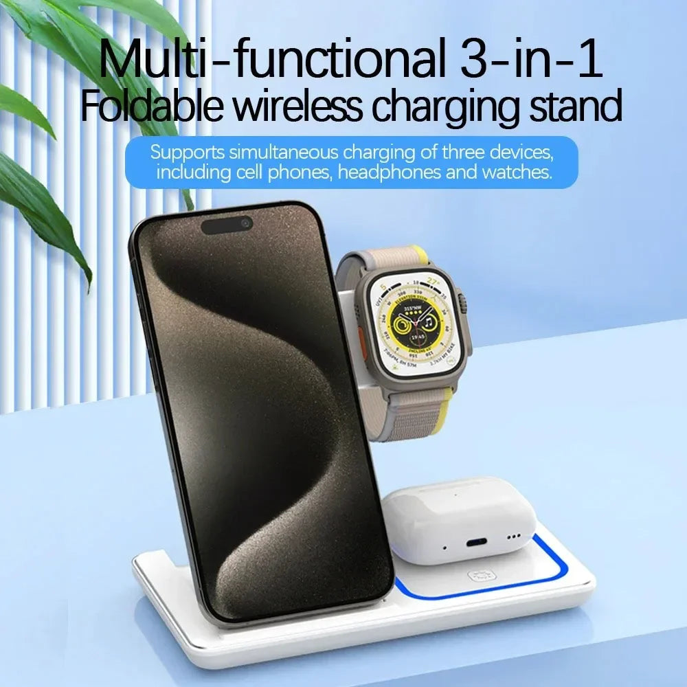 Wireless Charger Stand 3 in 1 30W LED Foldable Wireless Charger For iPhone 16 15 Pro Max iWatch 8 7 Airpods Charge Dock Station