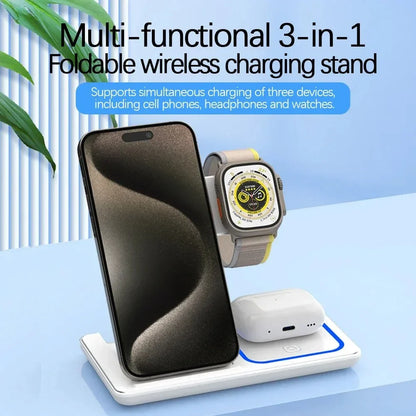 Wireless Charger Stand 3 in 1 30W LED Foldable Wireless Charger For iPhone 16 15 Pro Max iWatch 8 7 Airpods Charge Dock Station