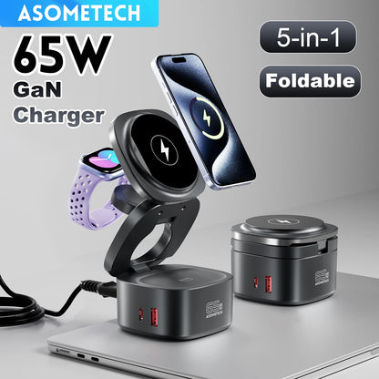 65W GaN USB Type C Wireless Charger Station 5 In 1 USB C PD3 0 QC3 0 For Mackook iPad iPhone 16 AirPods iWatch Wireless Charger