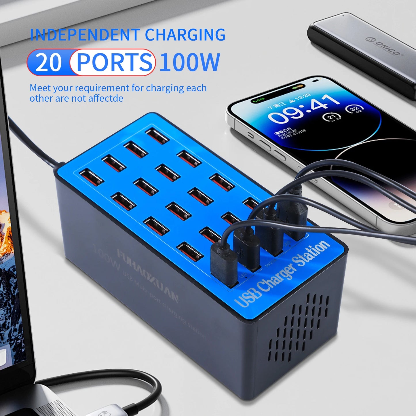 USB Charging Station 100W 20-Port Multi Device USB C Charger Features Charging Station for Multiple Devices Phone Watch Pad  A5+