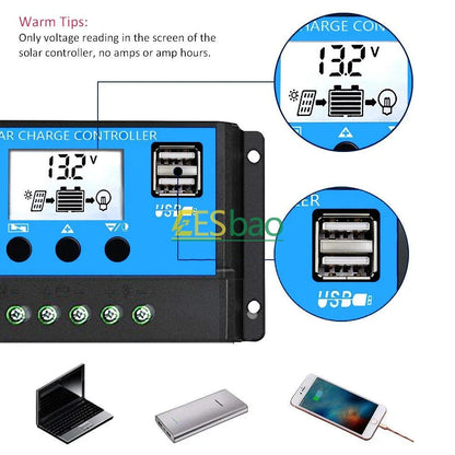 Solar Charge Controller 60A 12V/24V Voltage Regulator Solar Panel Photovoltaic Home with PWM Solar Charger LCD Display Dual USB