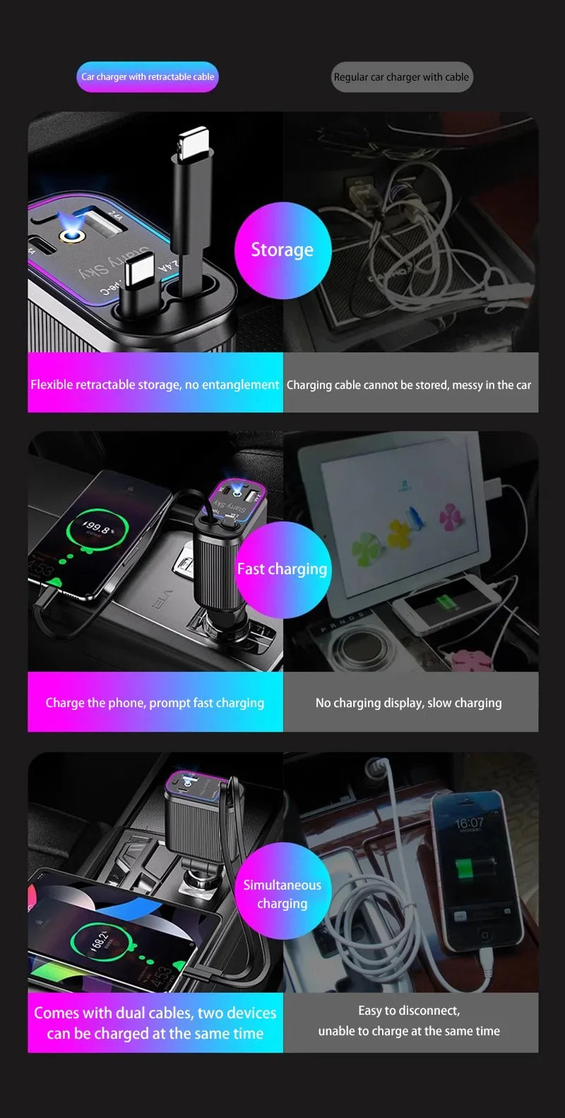 Car Charger Super Fast Charger 120W Retractable Cable Purple Starry