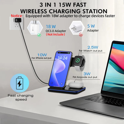 Wireless Charger Stand 3in1 Fast Charging With Led Lamp For iWatch 10 9 8 7 6 5 iPhone 16 15 14 13 12 11 X Airpods 4 3 Pro