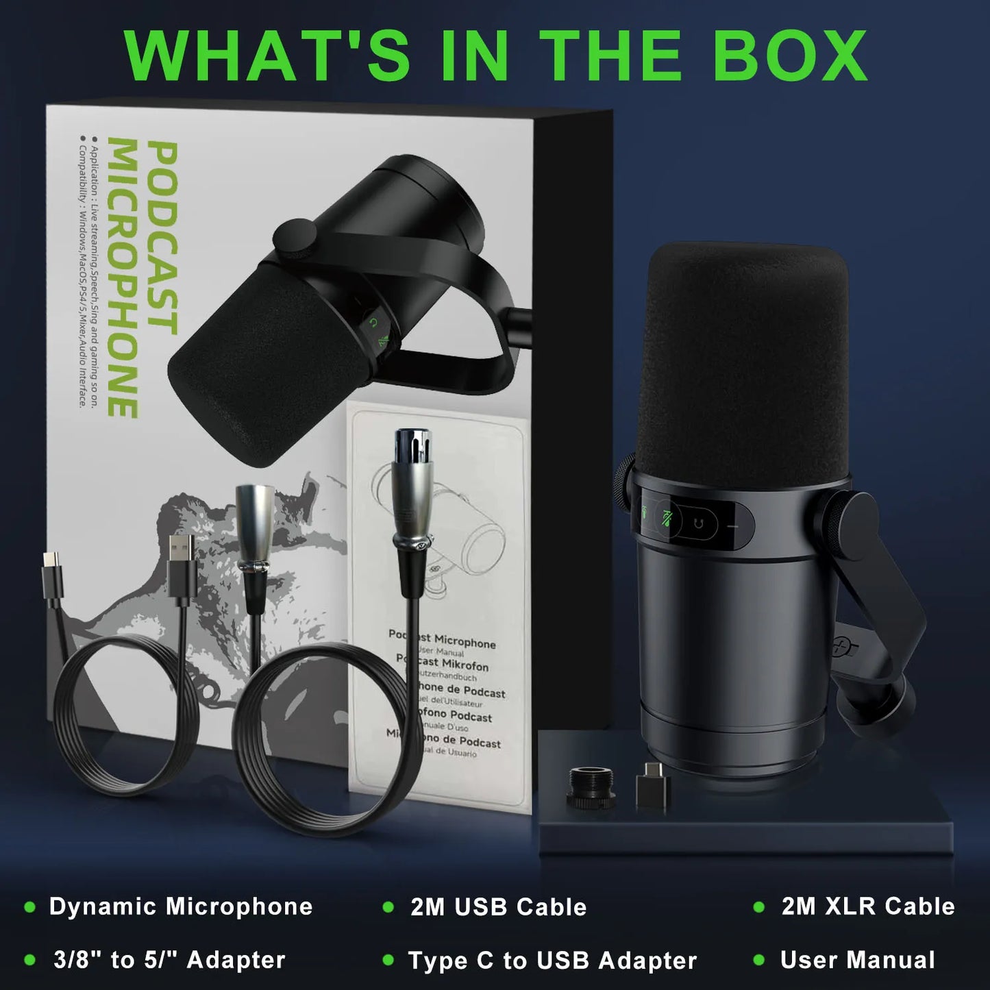 Dynamic Microphone for Podcasts Games Live Broadcast USB/XLR Touch Screen Control Sound Insulation Built-in Headset Output