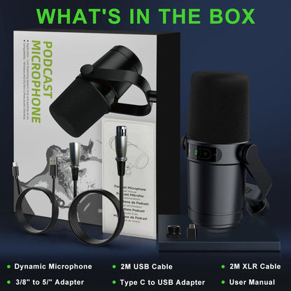 Dynamic Microphone for Podcasts Games Live Broadcast USB/XLR Touch Screen Control Sound Insulation Built-in Headset Output