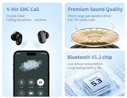 Bluetooth 5.3 Wireless Earbuds Touch Control AI ENC for Clear Calls,Customized EQ APP,Low Latency Game Mode,Long Playtime,type-c