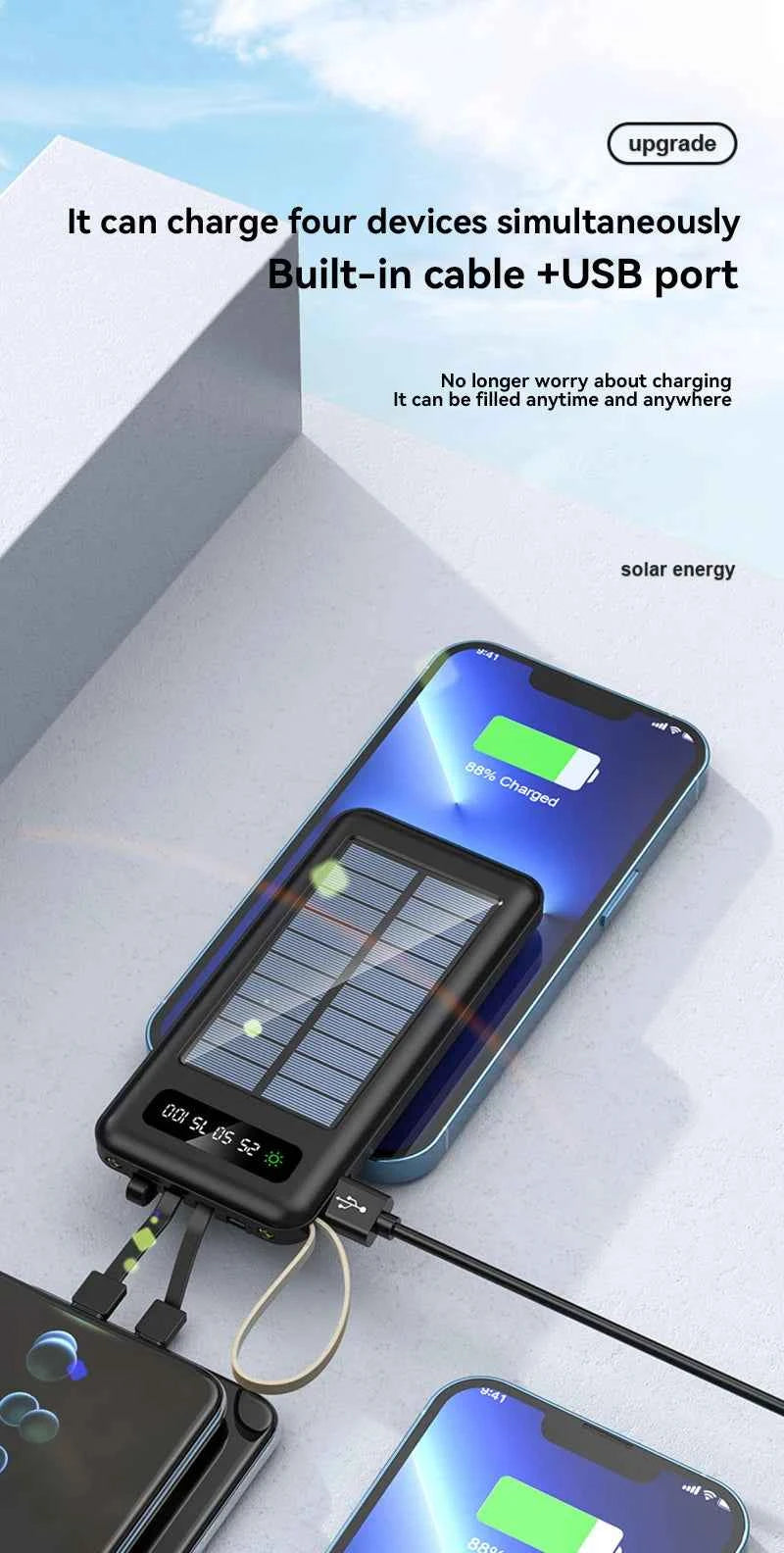 Solar Power Bank 50000mAh Fast Charging Dual USB LED