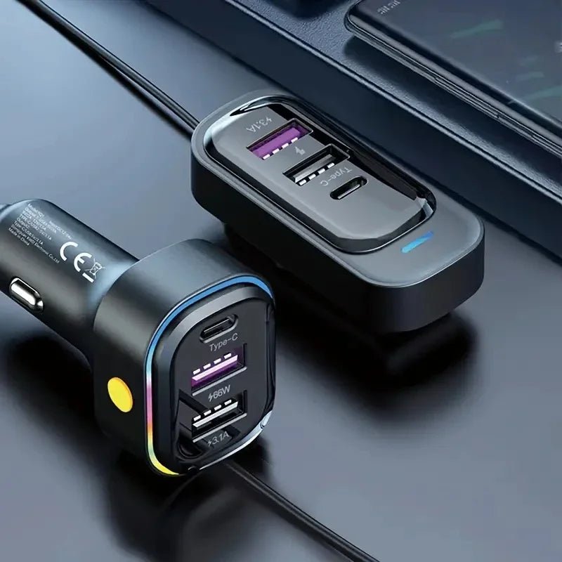 81W Fast Car Charger 6-Port Expansion Simultaneous Front and Rear Charging Type-C 2-USB 1.5m Extension Cable Anti-Slip Clamp