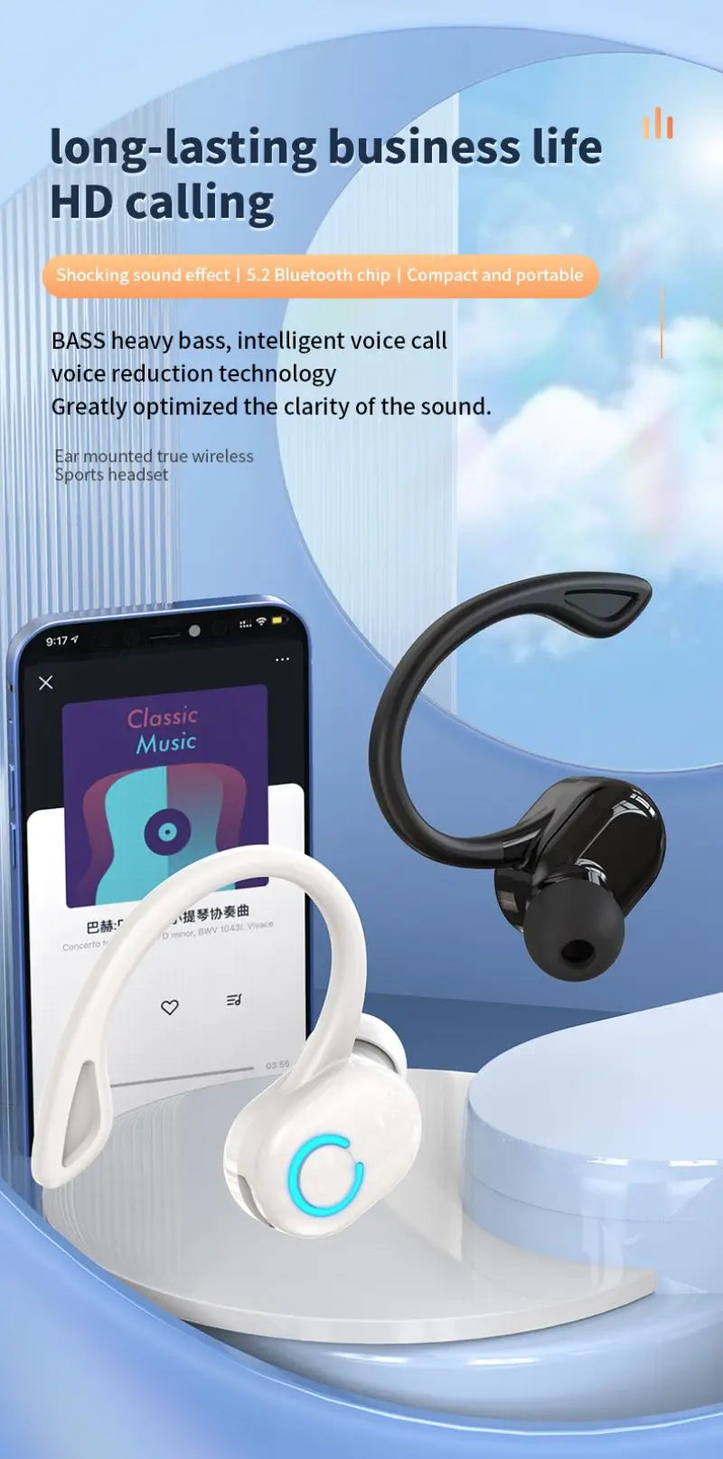 Bluetooth 5.2 Business Wireless Headphone Ear-Hook Mini HIFI Bass Noise Cancelling Earphone With Mic Earbud Sport Game Headset