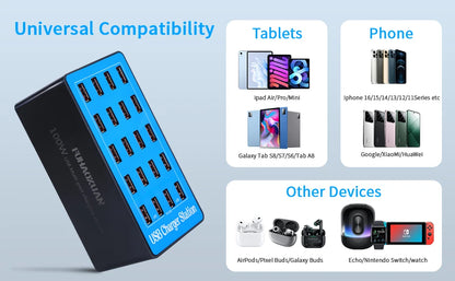 USB Charging Station 100W 20-Port Multi Device USB C Charger Features Charging Station for Multiple Devices Phone Watch Pad  A5+