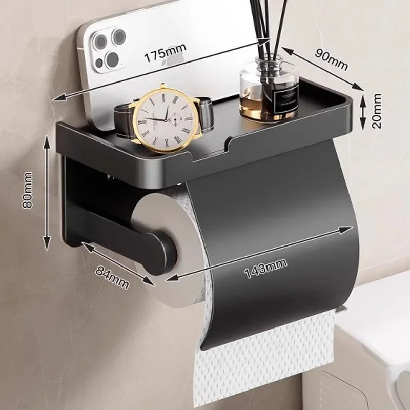 Aluminum Alloy Wall-Mounted Toilet Paper Holder with Shelf - Smallenterprised 