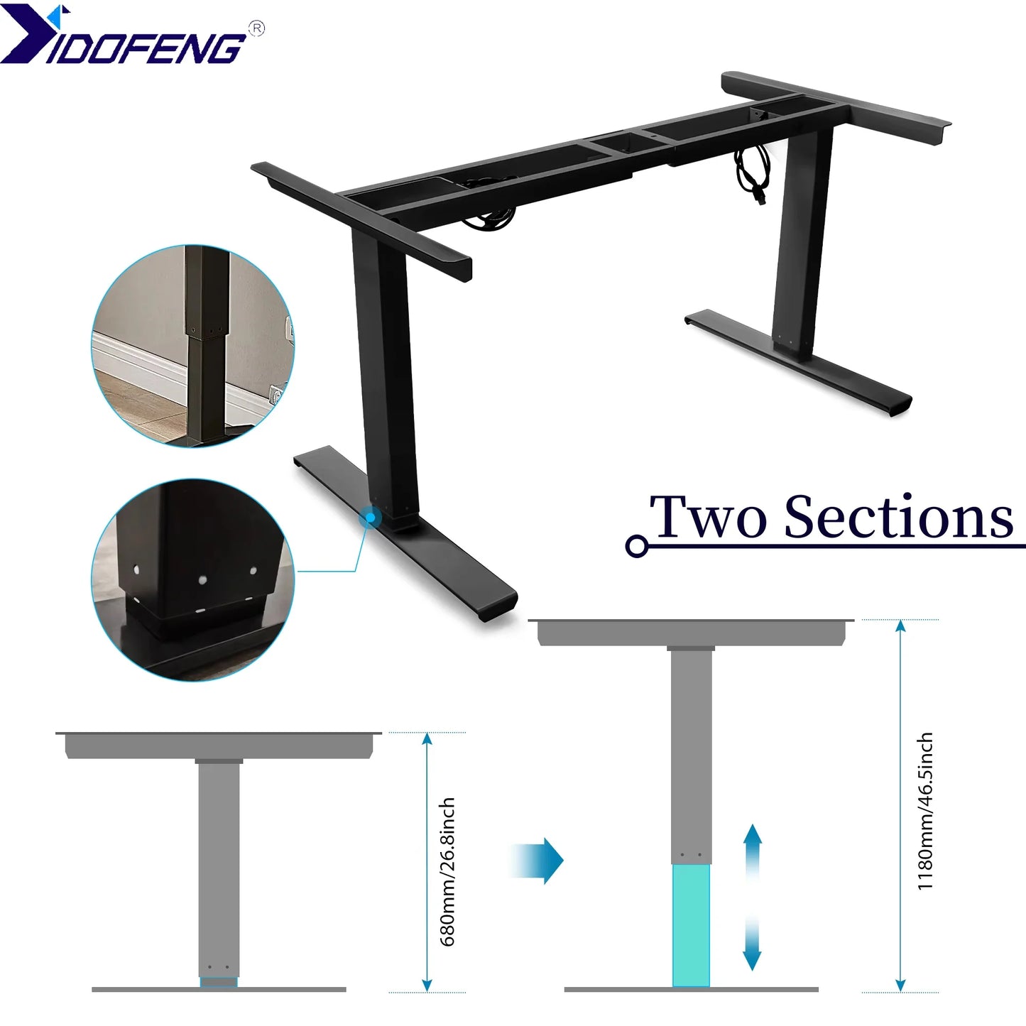 Black or White Electric Stand Up Desk Two/Three Sections Electric Dual Motor Height Adjustable Table Lifting Desk Frame