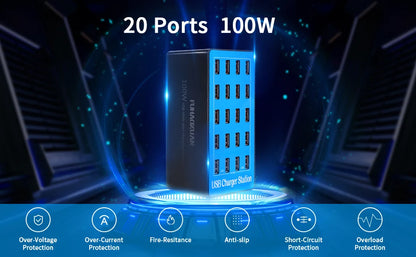 USB Charging Station 100W 20-Port Multi Device USB C Charger Features Charging Station for Multiple Devices Phone Watch Pad  A5+