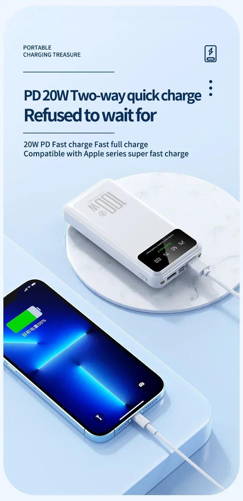 New Portable 100W Super Fast Charging Power Bank 30000mAh Large Capacity with LED Ligh Digital Display for IPhone Xiaomi Huawei
