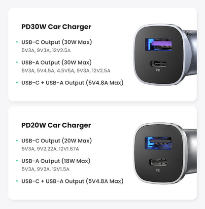 UGREEN Car Charger Type C Fast USB Charger for iPhone 15 14 13 Xiaomi Car Charging Quick 4.0 3.0 Charge Mobile Phone PD Charger