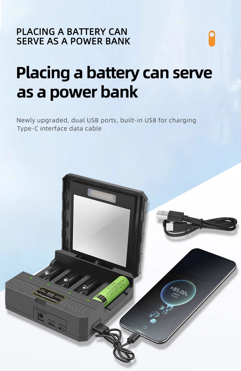 Solar Power Generation Solar Lithium Battery Smart Charger Type-C USB Four-Slot for 3.7V 18650/26650/21700/14500 Batteries