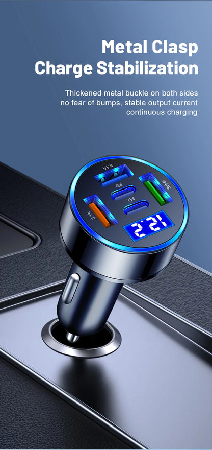 Car Charger 100W Support Super Fast Charging 5 in 1 Multi-port Voltage Car with Vehicle Digital Display Mobile Car Phone Adapter