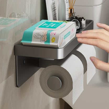 Aluminum Alloy Wall-Mounted Toilet Paper Holder with Shelf - Smallenterprised 