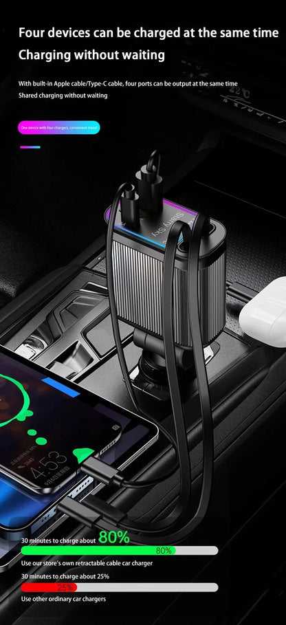 Car Charger Super Fast Charger 120W Retractable Cable Purple Starry