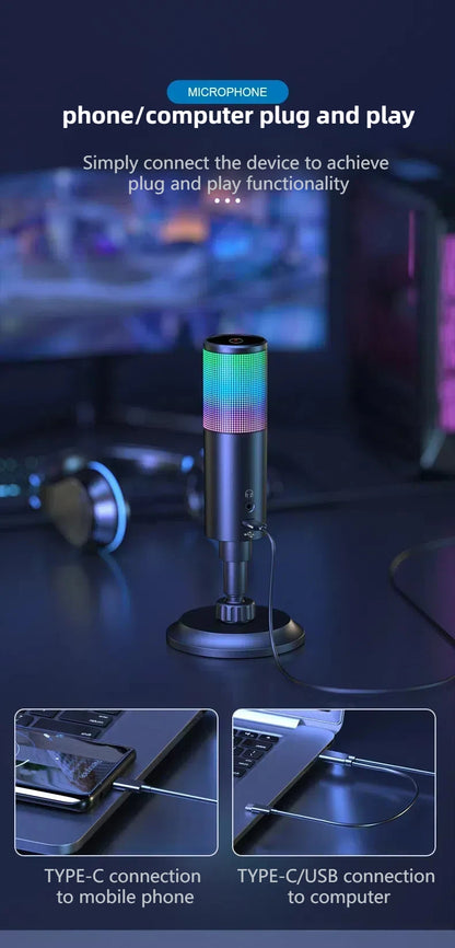 Gaming USB Microphone,Noise Cancellation Condenser mic,RGB Microphone with Mute,Gain,Monitoring,Boom Arm,Pop Filter for Phone,PC