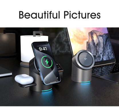 3 in 1 Wireless Charging Station for iPhone16/15/14/13/12 AirPods iWatch for Magsafe Rotation qi2 15W Fast Charging Station